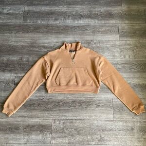 PRETTYLITTLETHING | Brown high neck, half zip cropped sweatshirt | Small